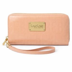 NWT BEBE Alexandria Wristlet Zip Wallet Blush Pink Gold Logo